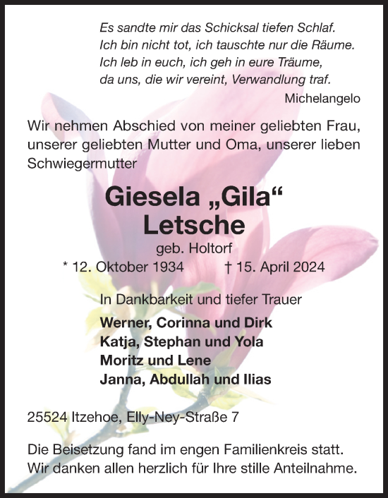 Traueranzeige von Giesela Letsche von Norddeutsche Rundschau, Wilstersche Zeitung, Glückstädter Fortuna