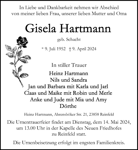 Traueranzeige von Gisela Hartmann von Stormaner Tageblatt