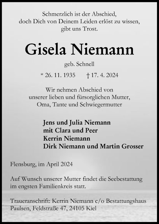 Traueranzeige von Gisela Niemann von Holsteinischer Courier