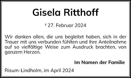 Traueranzeige von Gisela Ritthoff von Husumer Nachrichten, Nordfriesland Tageblatt