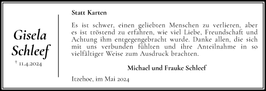 Traueranzeige von Gisela Schleef von Norddeutsche Rundschau, Wilstersche Zeitung, Glückstädter Fortuna