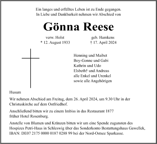 Traueranzeige von Gönna Reese von Husumer Nachrichten, Nordfriesland Tageblatt