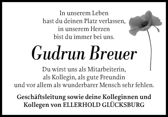 Traueranzeige von Gudrun Breuer von Flensburger Tageblatt