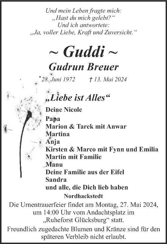 Traueranzeige von Gudrun Breuer von Flensburger Tageblatt