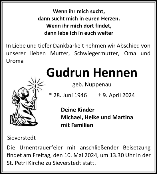 Traueranzeige von Gudrun Hennen von Flensburger Tageblatt