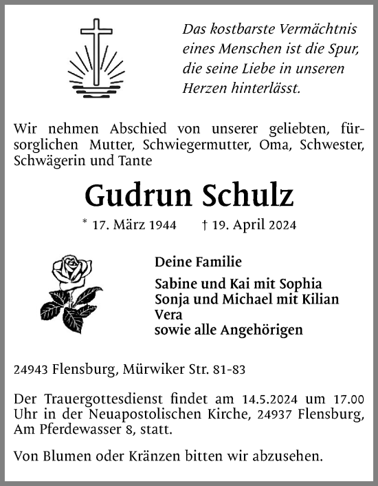 Traueranzeige von Gudrun Schulz von Flensburger Tageblatt