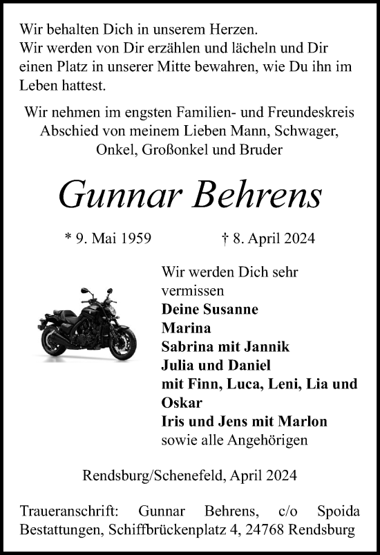 Traueranzeige von Gunnar Behrens von Schleswig-Holsteinische Landeszeitung