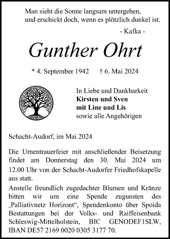 Traueranzeige von Gunther Ohrt von Schleswig-Holsteinische Landeszeitung