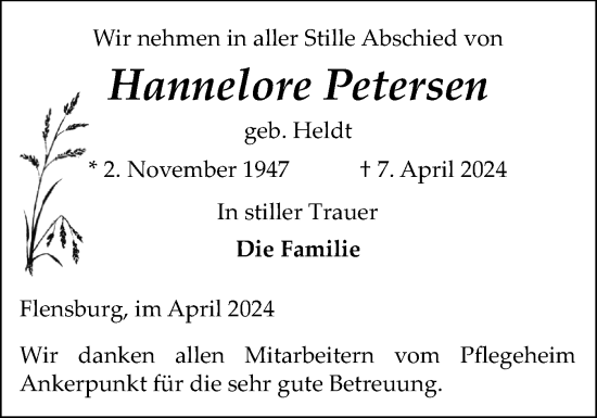 Traueranzeige von Hannelore Petersen von Flensburger Tageblatt