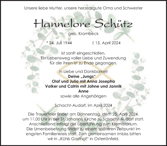Traueranzeige von Hannelore Schütz von Schleswig-Holsteinische Landeszeitung