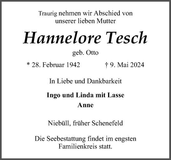 Traueranzeige von Hannelore Tesch von Region Pinneberg und tip Pinneberg