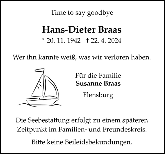 Traueranzeige von Hans-Dieter Braas von Flensburger Tageblatt