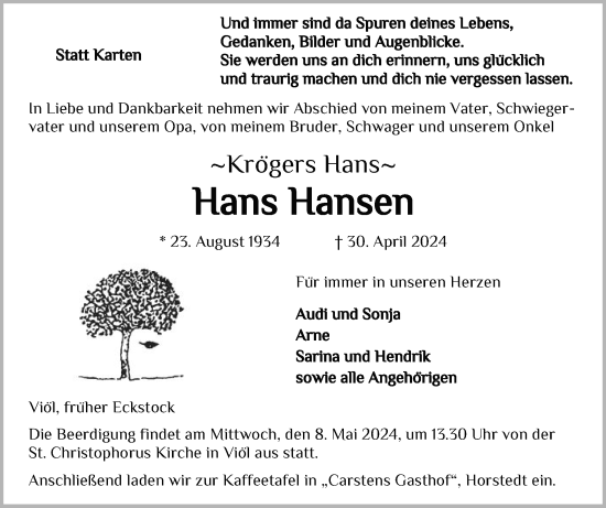 Traueranzeige von Hans Hansen von Husumer Nachrichten, Nordfriesland Tageblatt