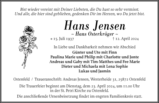 Traueranzeige von Hans Jensen von Husumer Nachrichten, Nordfriesland Tageblatt