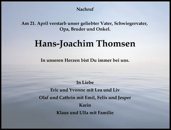 Traueranzeige von Hans-Joachim Thomsen von Flensburger Tageblatt
