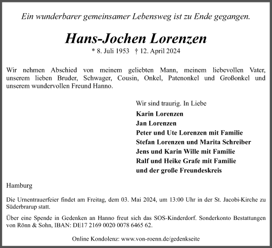 Traueranzeige von Hans-Jochen Lorenzen von Schleswiger Nachrichten, Schlei-Bote