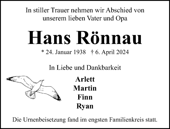 Traueranzeige von Hans Rönnau von Eckernförder Zeitung, Hallo Eckernförde