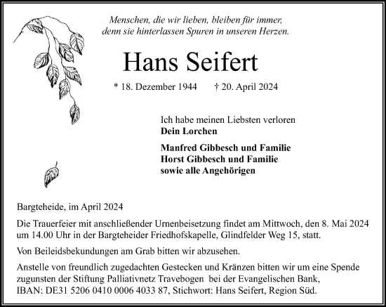Traueranzeige von Hans Seifert von Stormaner Tageblatt
