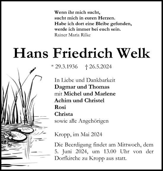 Traueranzeige von Hans  Welk von Schleswiger Nachrichten, Schlei-Bote