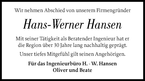 Traueranzeige von Hans-Werner Hansen von Husumer Nachrichten, Nordfriesland Tageblatt