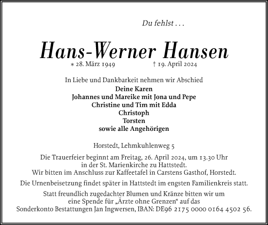 Traueranzeige von Hans-Werner Hansen von Husumer Nachrichten, Nordfriesland Tageblatt