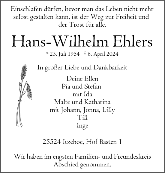 Traueranzeige von Hans-Wilhelm Ehlers von Norddeutsche Rundschau, Wilstersche Zeitung, Glückstädter Fortuna