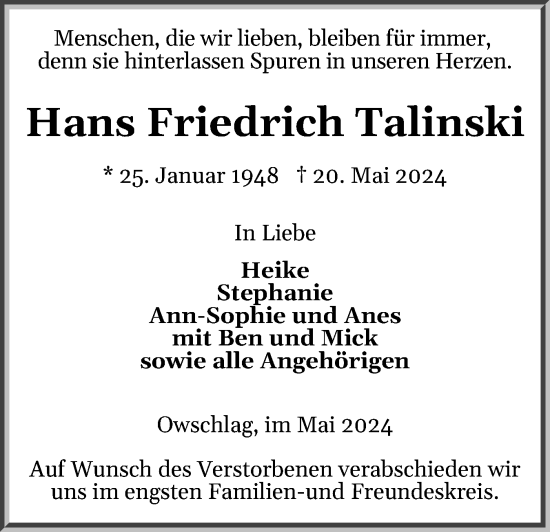 Traueranzeige von Hans Friedrich Talinski von Schleswig-Holsteinische Landeszeitung