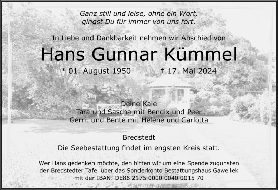 Traueranzeige von Hans Gunnar Kümmel von Husumer Nachrichten, Nordfriesland Tageblatt