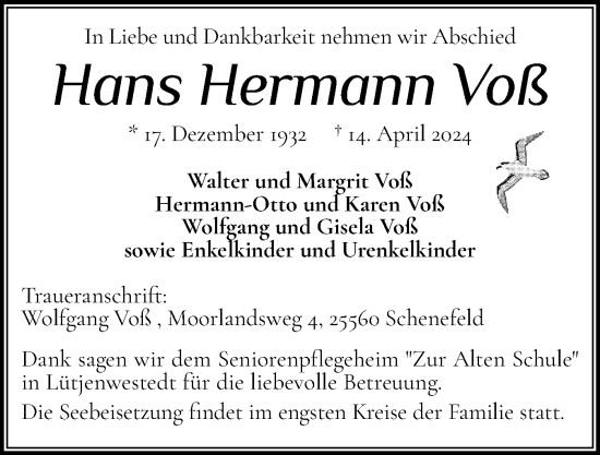 Traueranzeige von Hans Hermann Voß von Norddeutsche Rundschau, Wilstersche Zeitung, Glückstädter Fortuna