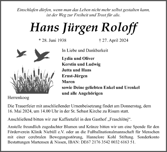 Traueranzeige von Hans Jürgen Roloff von Region Westküste