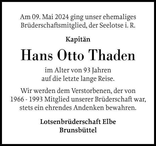 Traueranzeige von Hans Otto Thaden von Norddeutsche Rundschau, Wilstersche Zeitung, Glückstädter Fortuna