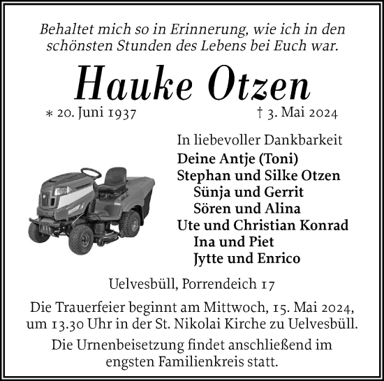 Traueranzeige von Hauke Otzen von Husumer Nachrichten, Nordfriesland Tageblatt