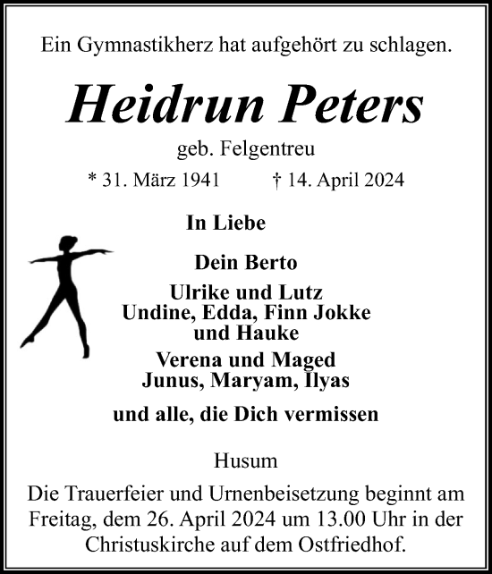 Traueranzeige von Heidrun Peters von Husumer Nachrichten, Nordfriesland Tageblatt