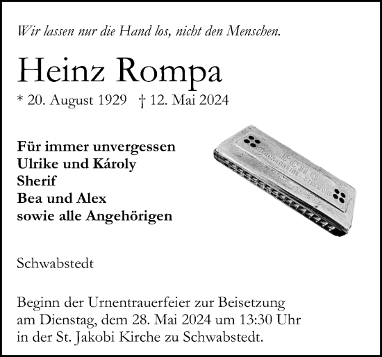 Traueranzeige von Heinz Rompa von Husumer Nachrichten, Nordfriesland Tageblatt