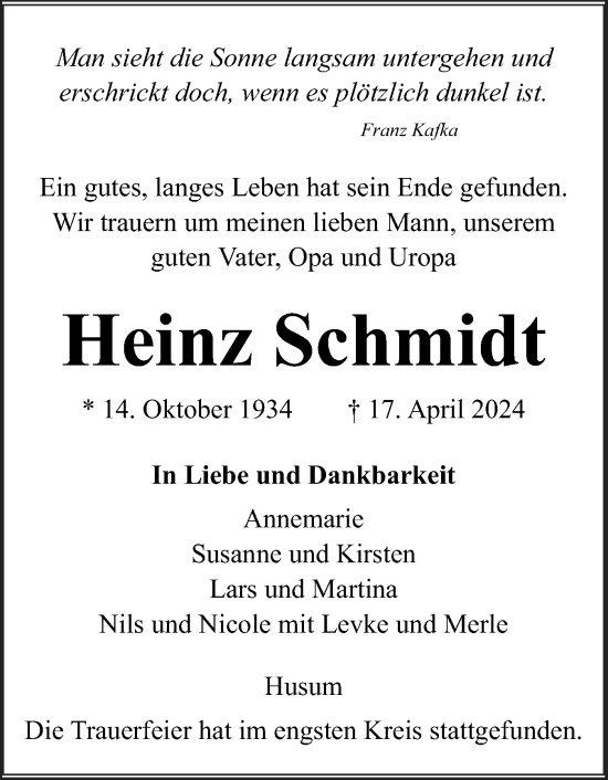 Traueranzeige von Heinz Schmidt von Husumer Nachrichten, Nordfriesland Tageblatt