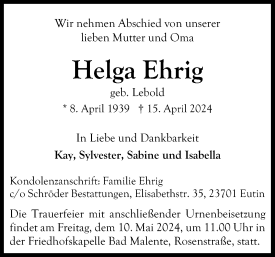 Traueranzeige von Helga Ehrig von Ostholsteiner Anzeiger