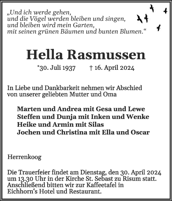 Traueranzeige von Hella Rasmussen von Region Flensburg