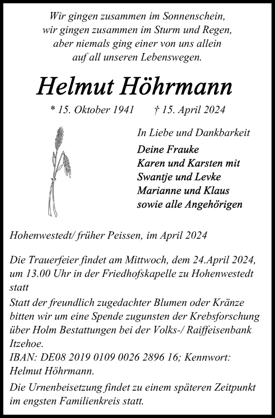 Traueranzeige von Helmut Höhrmann von Schleswig-Holsteinische Landeszeitung