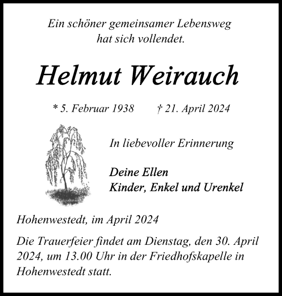 Traueranzeige von Helmut Weirauch von Schleswig-Holsteinische Landeszeitung