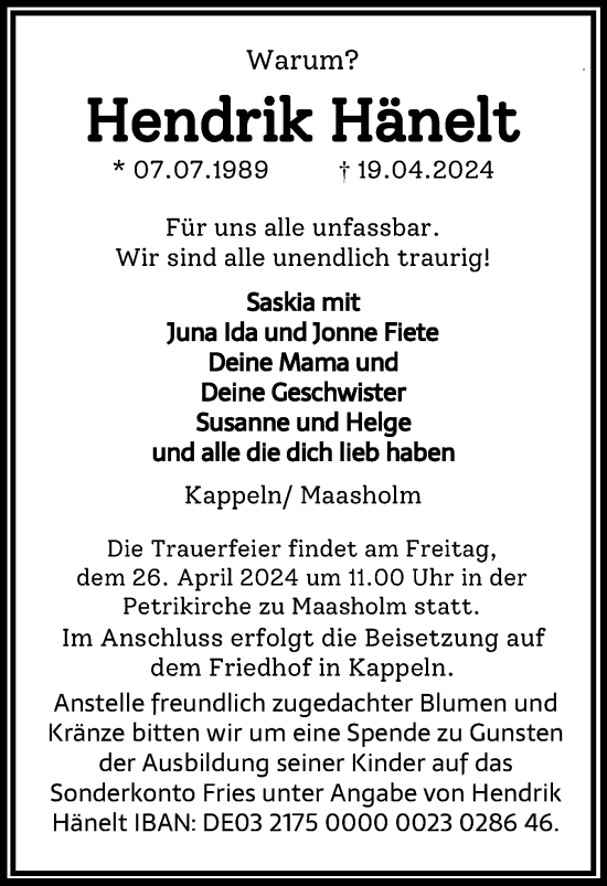 Traueranzeige von Hendrik Hänelt von Schleswiger Nachrichten, Schlei-Bote