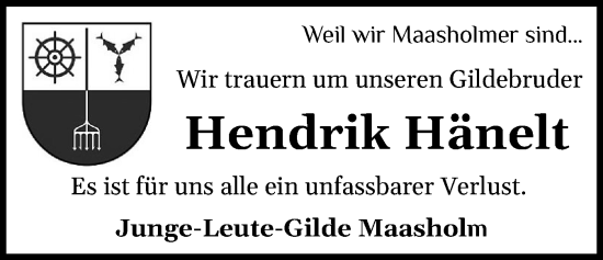 Traueranzeige von Hendrik Hänelt von Schleswiger Nachrichten, Schlei-Bote
