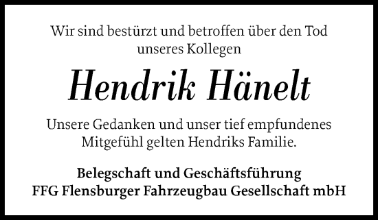 Traueranzeige von Hendrik Hänelt von Region Flensburg