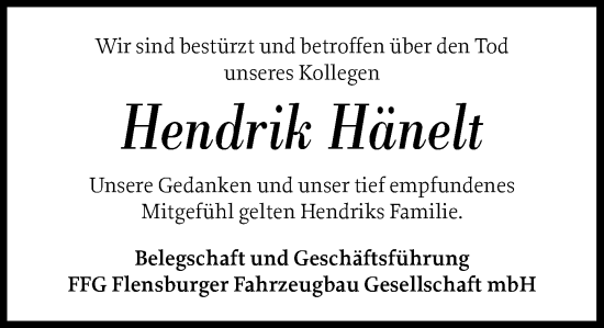 Traueranzeige von Hendrik Hänelt von Stormarner Tageblatt