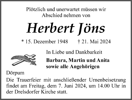 Traueranzeige von Herbert Jöns von Husumer Nachrichten, Nordfriesland Tageblatt