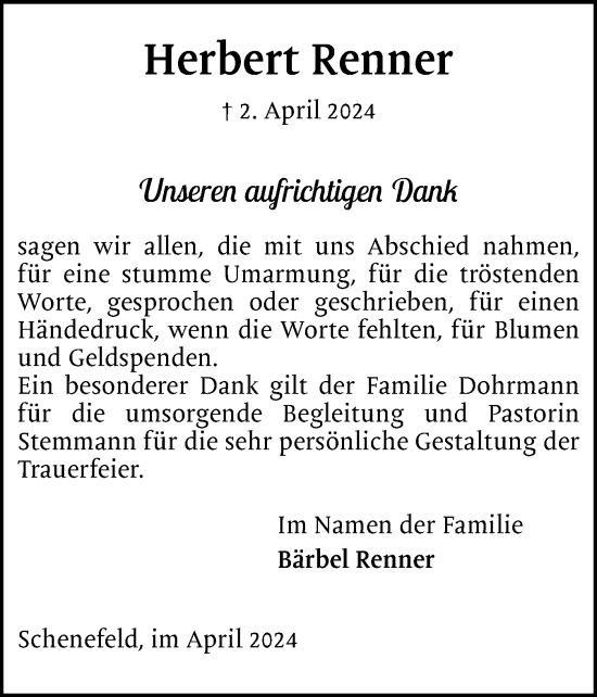 Traueranzeige von Herbert Renner von Region Pinneberg und tip Pinneberg