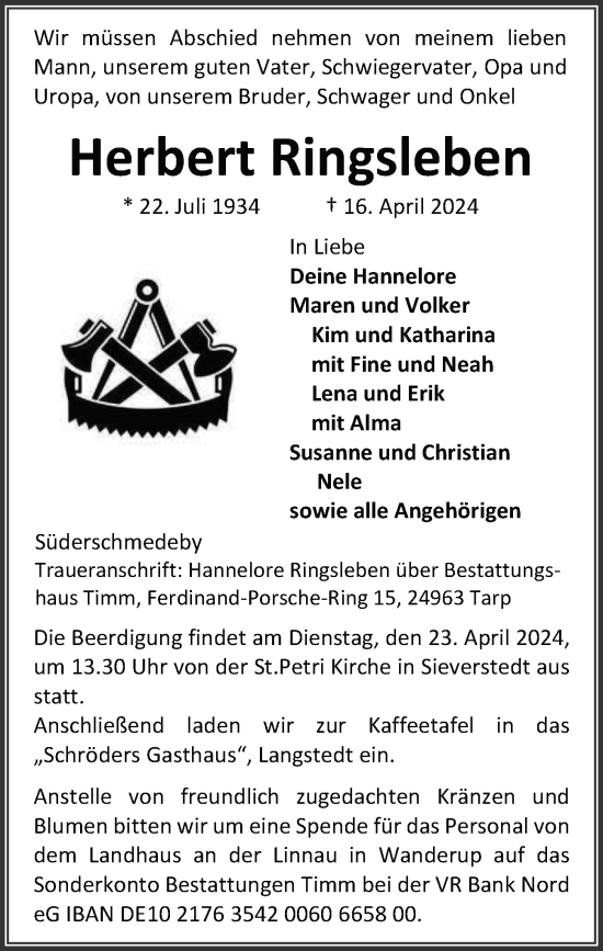 Traueranzeige von Herbert Ringsleben von Flensburger Tageblatt