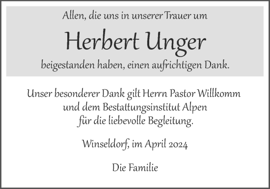 Traueranzeige von Herbert Unger von Norddeutsche Rundschau, Wilstersche Zeitung, Glückstädter Fortuna