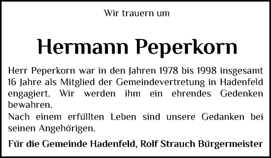 Traueranzeige von Hermann Peperkorn von Norddeutsche Rundschau, Wilstersche Zeitung, Glückstädter Fortuna