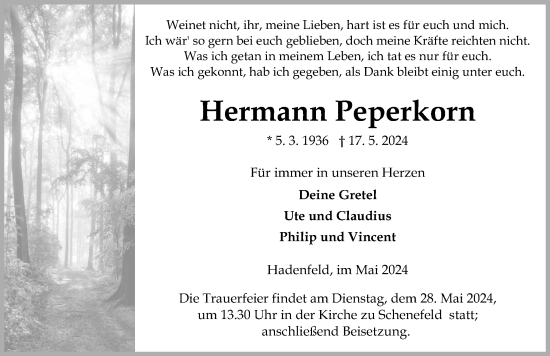 Traueranzeige von Hermann Peperkorn von Norddeutsche Rundschau, Wilstersche Zeitung, Glückstädter Fortuna