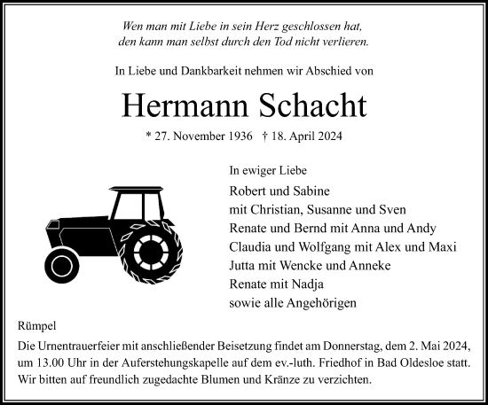Traueranzeige von Hermann Schacht von Stormaner Tageblatt